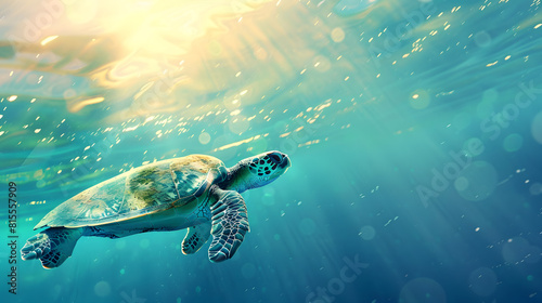 Graceful sea turtle glides through sunlit ocean waters, surrounded by bubbles