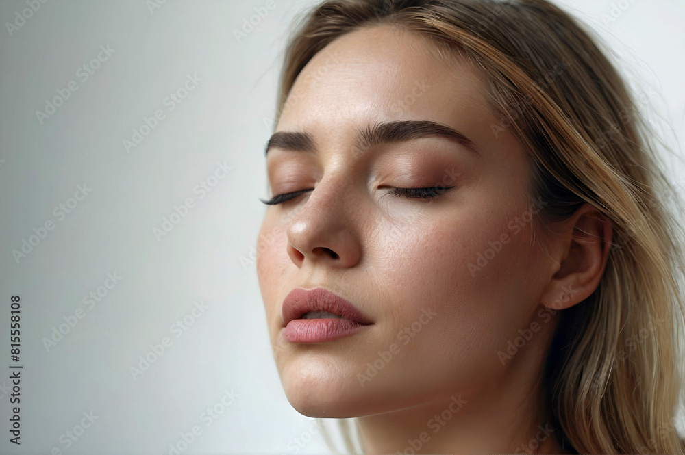 Blonde Woman Eyes Closed Sleep Relax Calm Meditation Clean Complexion Off White Background Copy Space Blonde Woman Eyes Closed Sleep Relax Calm Meditation Clean Complexion Off White Background Copy Space