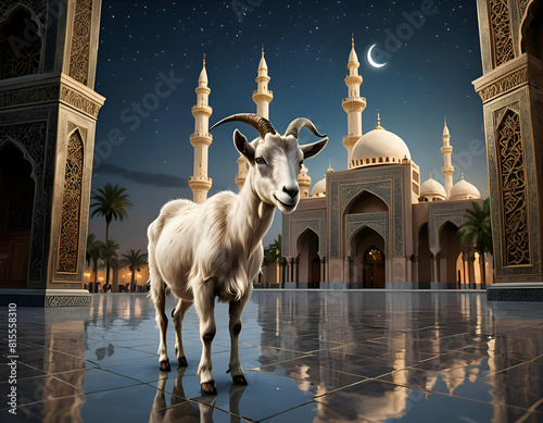 Goat stands in front of mosque Eid al adha mubarak festival islamic background Generated Ai