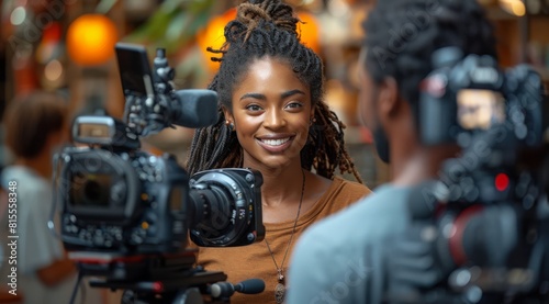 Young black female video manager interacting with crew on film set