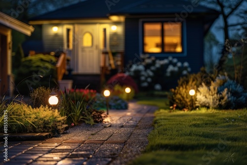 Modern gardening landscaping design details. Illuminated pathway in front of residential house.