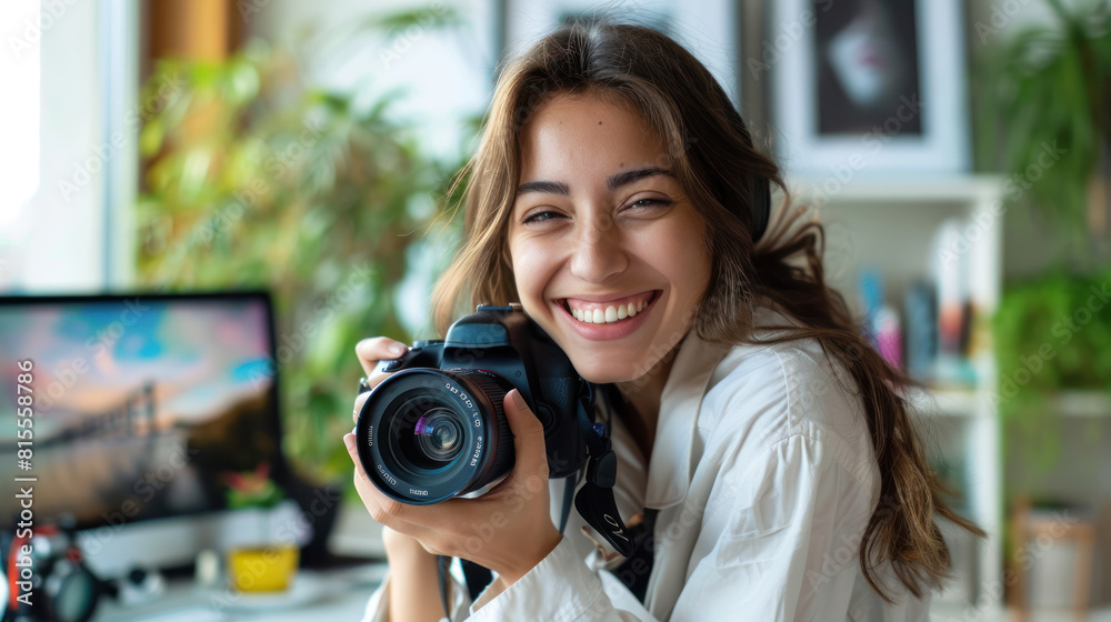 Portrait of happy smiling female photographer sitting at a desk and holding a camera in a modern office studio. Portrait of happy smiling female photographer sitting at a desk and holding a camera in a modern office studio.
