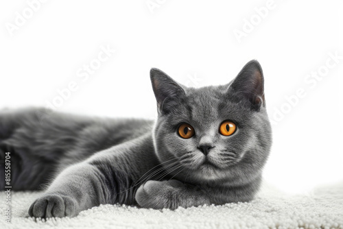 British Shorthaired Gray Cat Resting on a Fluffy White blanket © Boyan Dimitrov