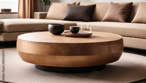 Round accent wooden coffee table against beige fabric corner stylish sofa. Minimalist luxury home interior design of modern living room.