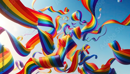 Rainbow Pride: Colorful ribbons dancing in the wind against sky