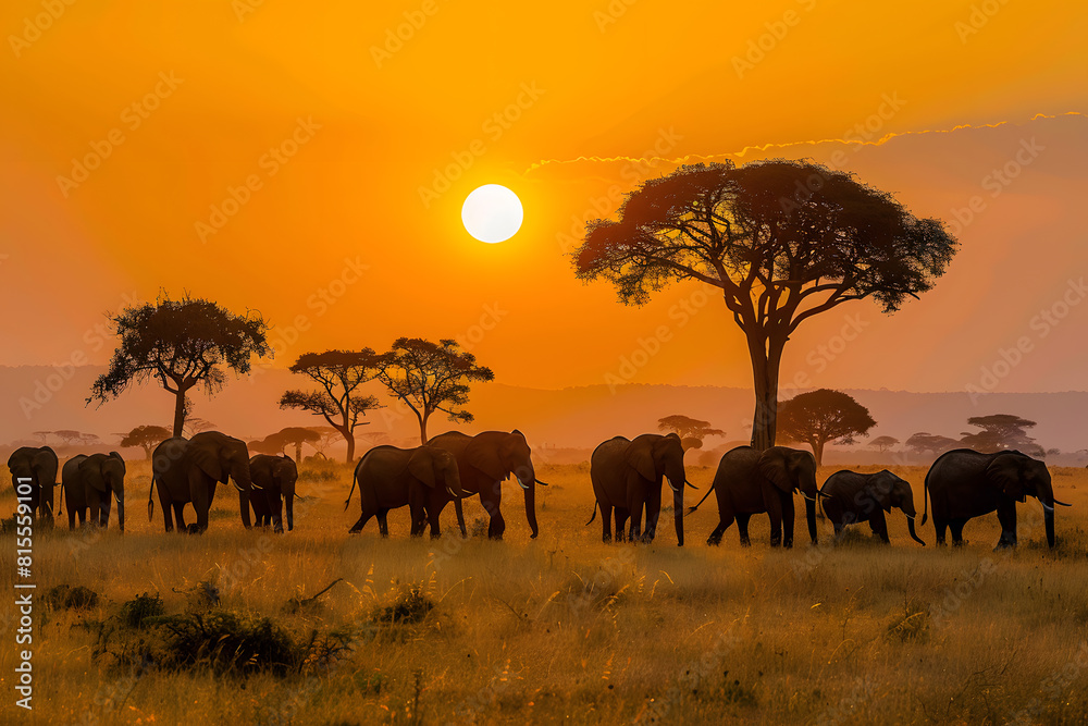 Majestic herd of elephants roam the savannah under a golden sunset sky