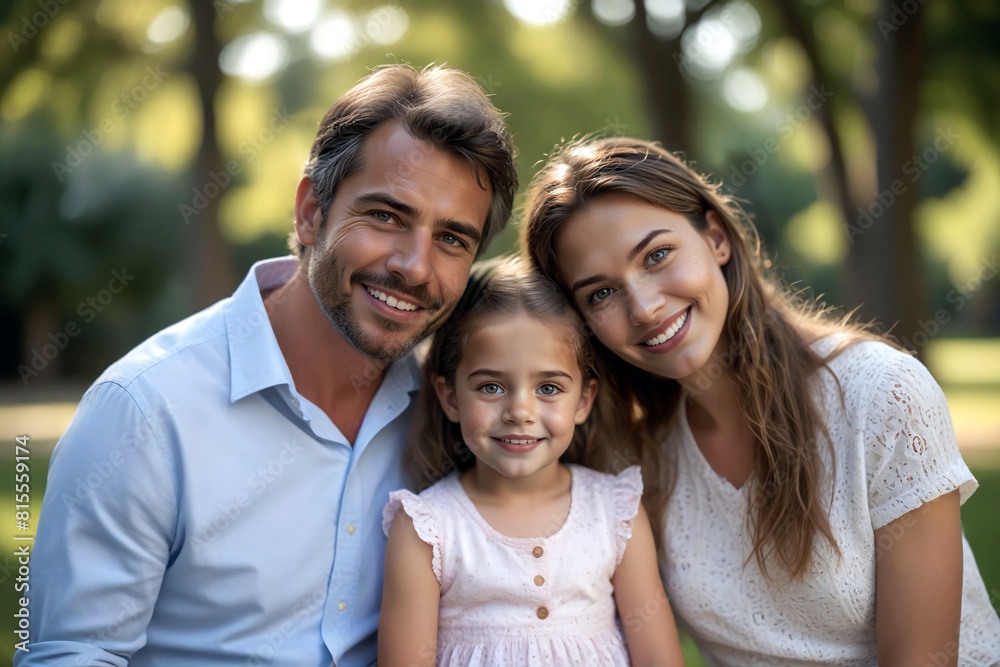 Portrait of a father, mother, and daughter in the park Portrait of a father, mother, and daughter in the park