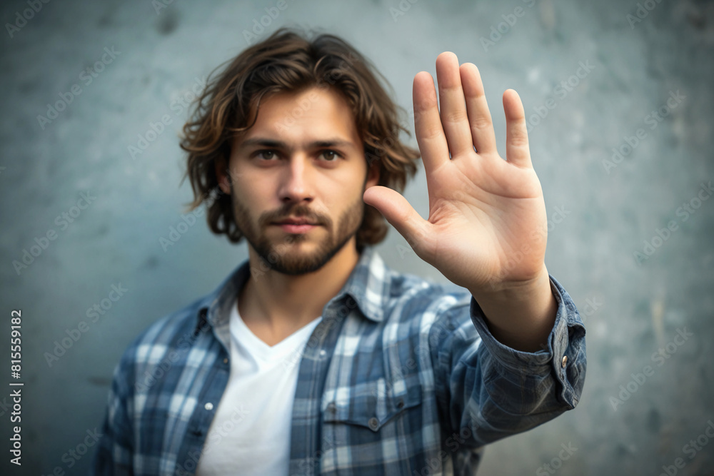 Man with serious expression demonstrating stop gesture with open palm Man with serious expression demonstrating stop gesture with open palm