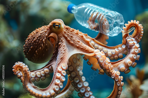 Octopus encountering plastic bottle underwater © ALEXSTUDIO