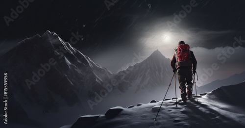 mountaineer bravely climbing snowy peaks, embarking on an extreme winter trek adventure. This concept art evokes the spirit of exploration and survival challenge in a harsh environment photo