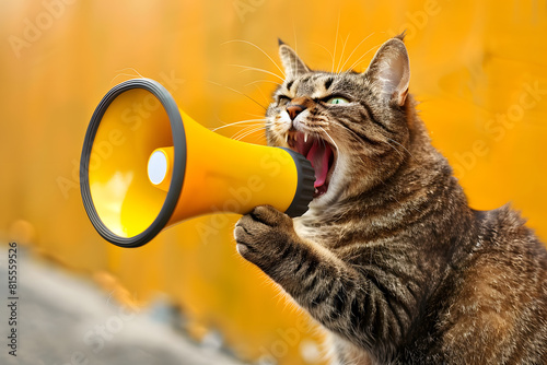Assertive cat with megaphone on yellow background