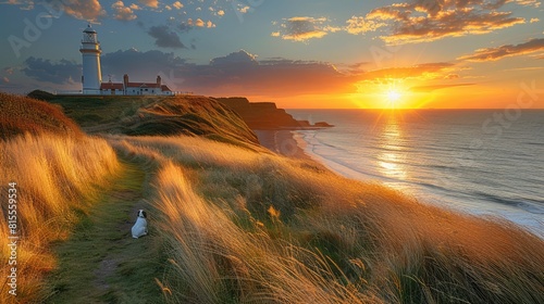 Souter Lighthouse and a dog sitting on the path in the foreground  South Shields Tyne and Wear England photo