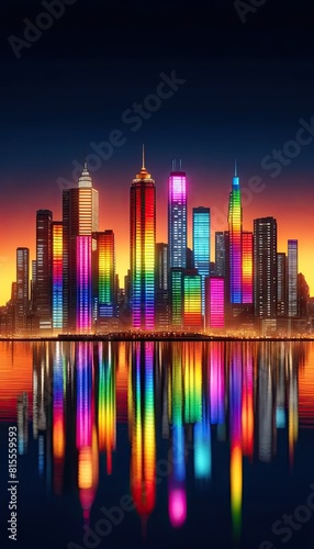 Vibrant Urban Pride  A Sunset Skyline of Inclusive Buildings
