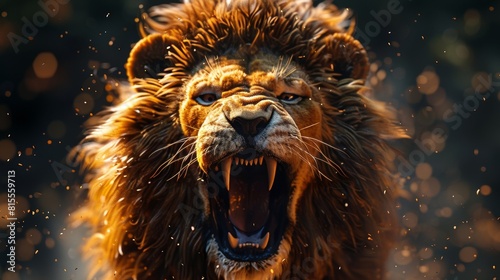 A lion roars in the middle of a field.