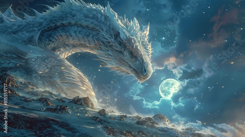 A majestic white dragon soars through the starry night sky, its wingswoGuang ge, Yue noGuang niZhao rasareteiru. photo