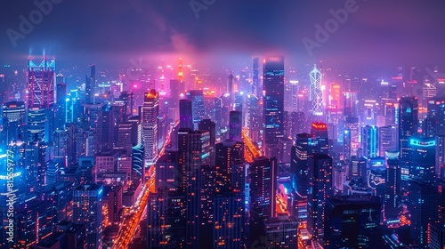 A stunning view of a cyberpunk city at night