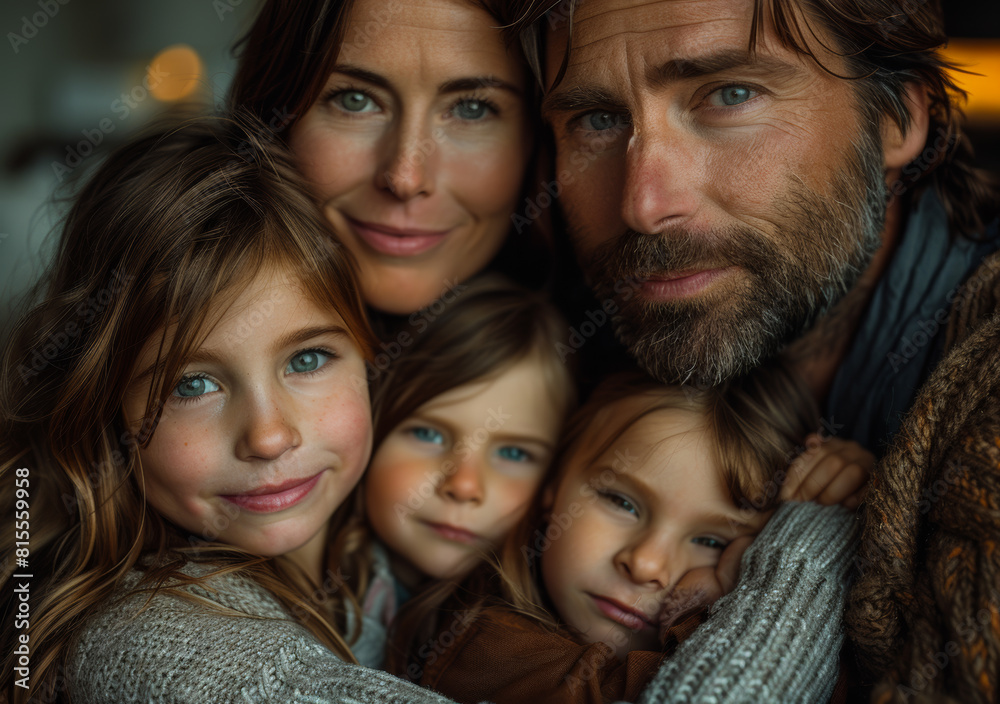 Closeup portrait of beautiful young family with three children indoors Closeup portrait of beautiful young family with three children indoors