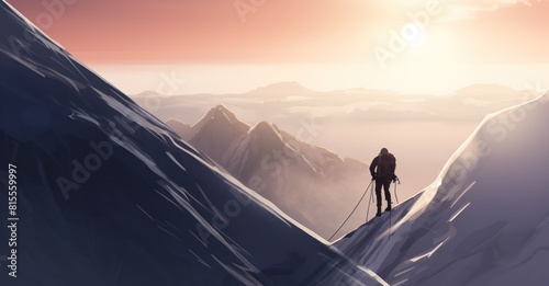 mountaineer bravely climbing snowy peaks  embarking on an extreme winter trek adventure. This concept art evokes the spirit of exploration and survival challenge in a harsh environment