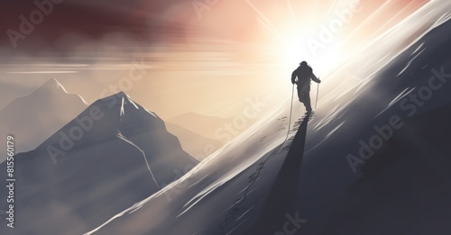 mountaineer bravely climbing snowy peaks, embarking on an extreme winter trek adventure. This concept art evokes the spirit of exploration and survival challenge in a harsh environment