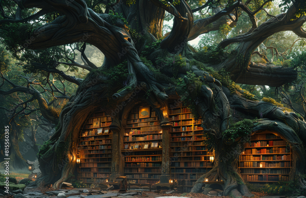 Obraz premium Tree house made of books and magic garden