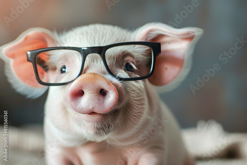 Adorable baby pig with black eyeglasses looking curiously at the camera photo