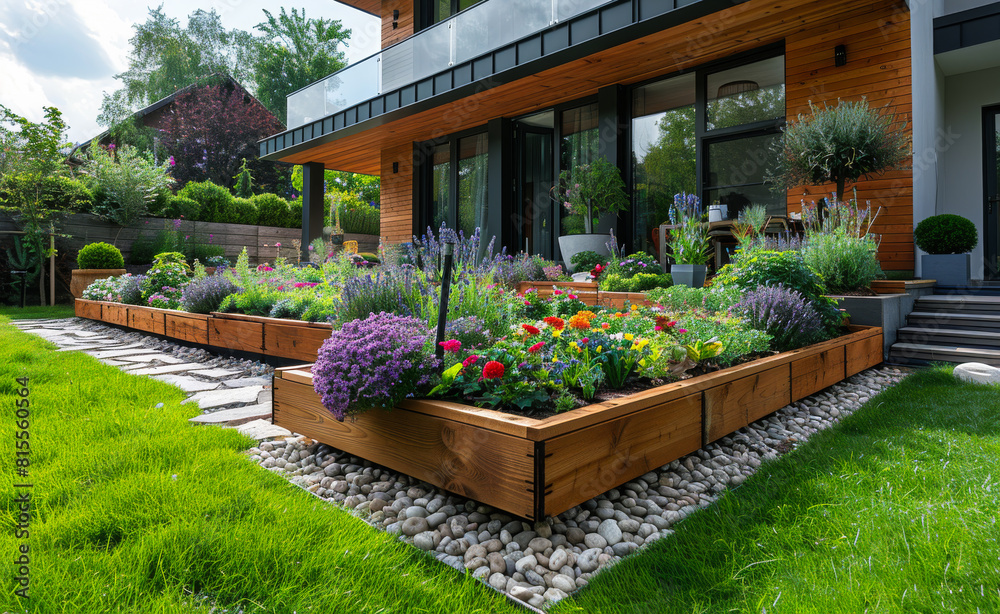 Fototapeta premium Garden design beautiful flowers and nicely trimmed bushes in large flower beds on terrace in the garden with lawn and