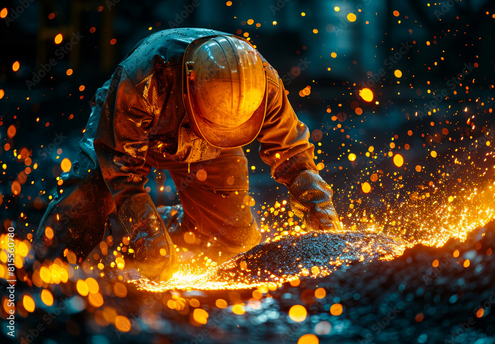 Worker cuts metal sheet with sparks Worker cuts metal sheet with sparks