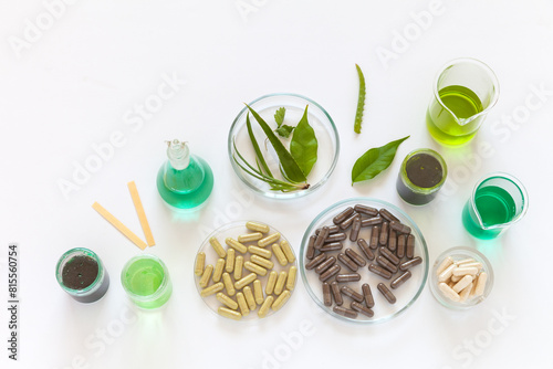 Top view of laboratory table with chemical glassware and herbal dietary supplements in Petri dish. Development of new nutrition additions with extracts of medicinal herbs. Flat lay, copy space