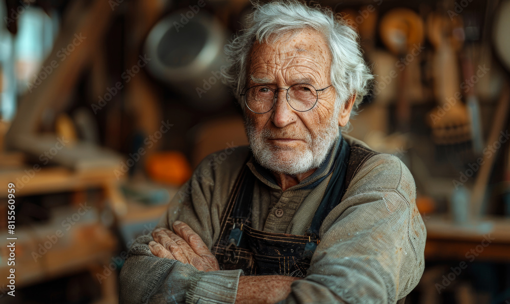 Senior male carpenter posing with his arms crossed in his workshop Senior male carpenter posing with his arms crossed in his workshop