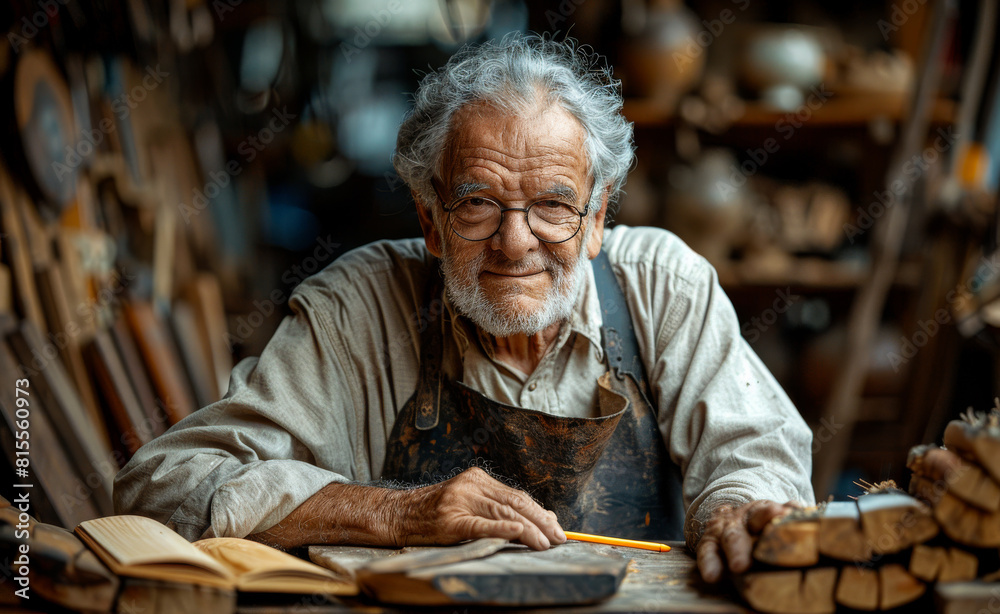 Senior male carpenter working with pencil and the wood in his workshop