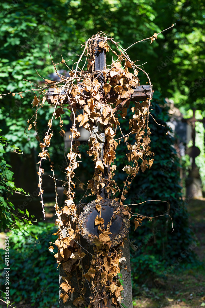 Historic Statue on the mystery old Prague Cemetery, Czech Republic