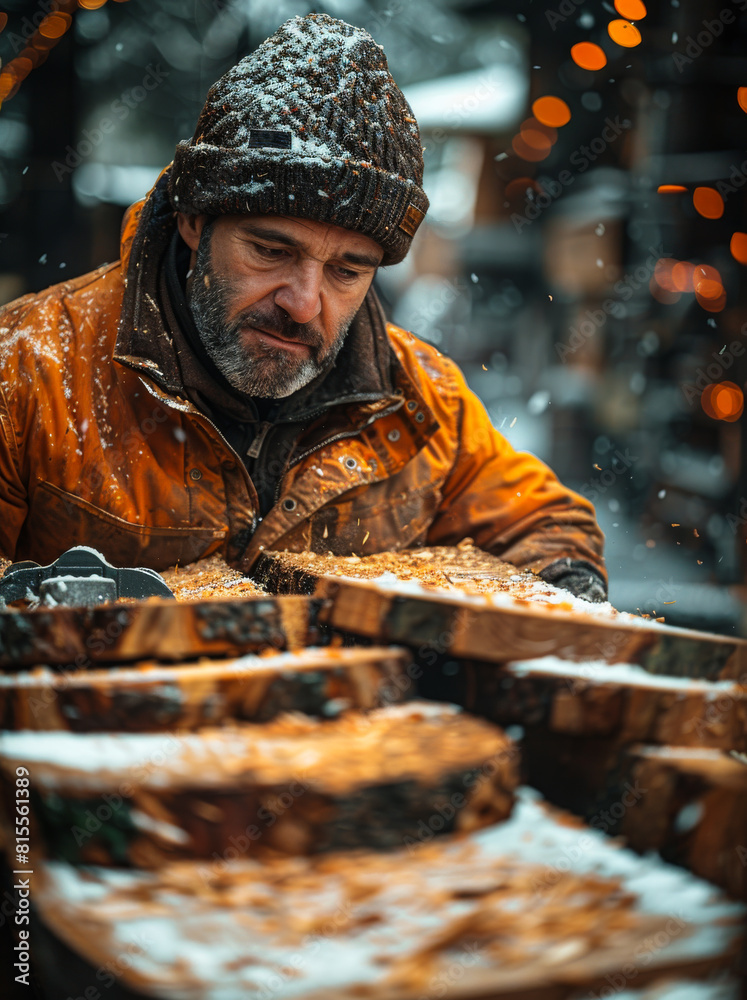 Man carves wooden block on Christmas market in the snow. Man carves wooden block on Christmas market in the snow.