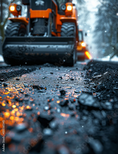 Close-up of the road rollers working on the new road construction site