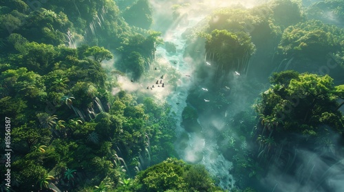 The image shows a lush green jungle with a river running through it