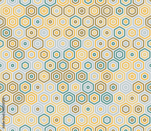 Tileable abstract background. Bold rounded stacked hexagon cells. Hexagon pattern. Multiple tones color palette. Seamless pattern. Tileable vector illustration.