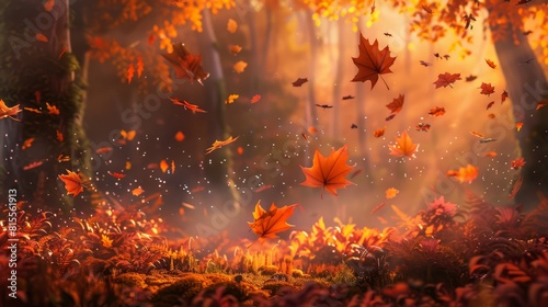 An autumnal setting with a focus on scattered maple leaves falling softly against a backdrop of a forest at dusk 