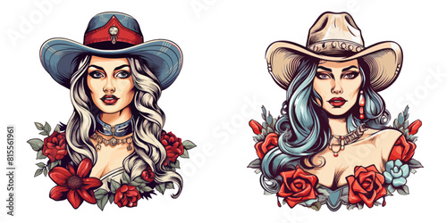 Vector Western Women Portraits with Flowers Illustration.