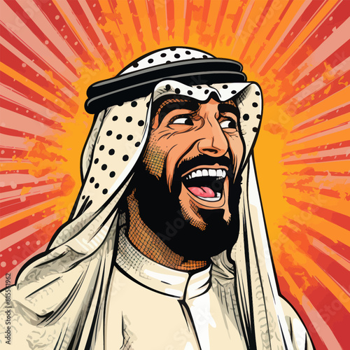 Vector illustration of a cheerful Middle Eastern man in traditional attire, featuring a radiant orange backdrop and comic style artwork with expressive facial details.