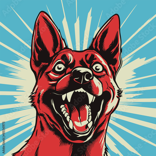 Vector illustration of an excited red dog with wide open mouth, portrayed in a striking pop art style against a radiant blue background with sunburst rays.