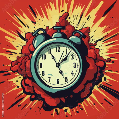 A vector illustration of an exploding alarm clock in a dramatic comic style with a vivid red and orange background, symbolizing urgency and time pressure.