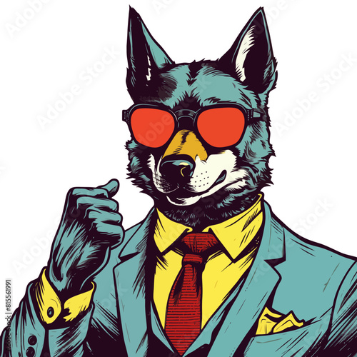 A vector illustration of a stylish wolf in a business suit and sunglasses, giving a thumbs up, in a comic style with a vibrant background.