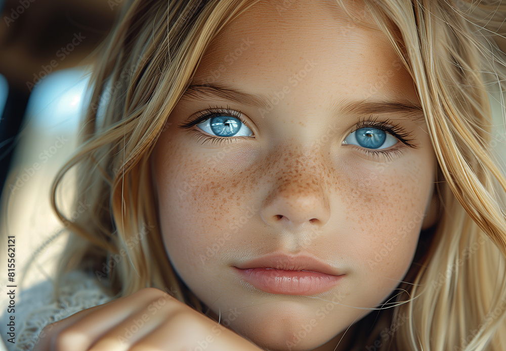 A young girl with freckles and blue eyes looking directly at the camera A young girl with freckles and blue eyes looking directly at the camera