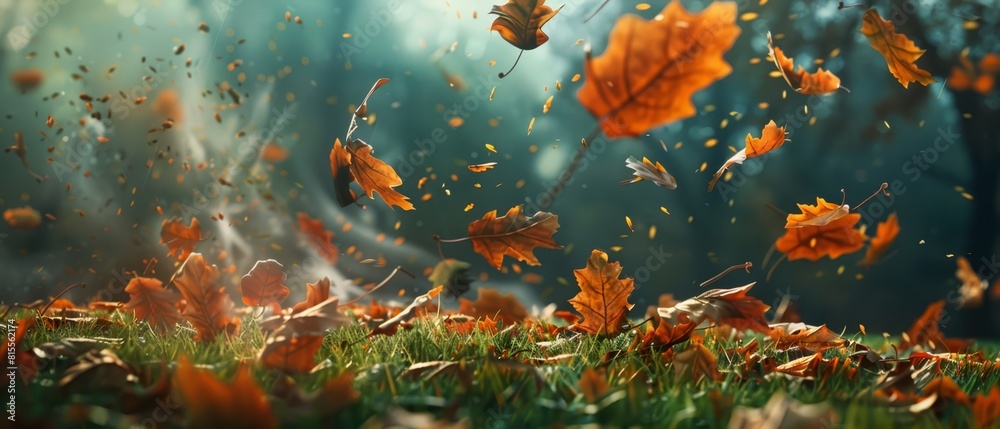 Autumn windstorm scene, leaves swirling dynamically around with some clinging to still-green grass, Autumn windstorm scene, leaves swirling dynamically around with some clinging to still-green grass,