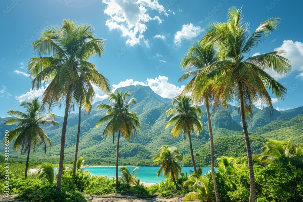 Palm Tree Forest in Tropical Paradise: Lush greenery with clear blue skies Palm Tree Forest in Tropical Paradise: Lush greenery with clear blue skies