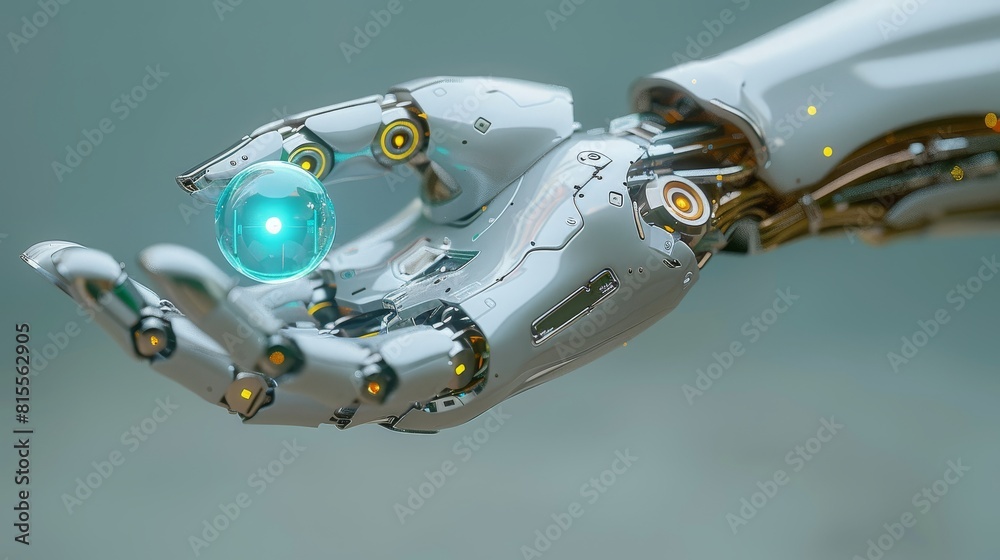Robot hand holding a transparent round object, artificial intelligence Robot hand holding a transparent round object, artificial intelligence