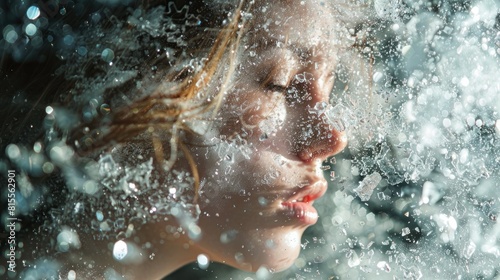 A woman s face is covered in water droplets  creating a blurry and dreamy effect