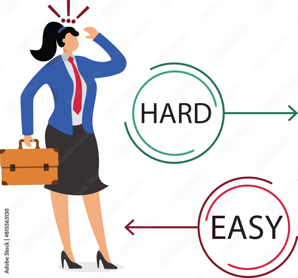 Confused businesswoman chooses an easy career path with small results or a hard career path with big results, make a decision to choose a career path
