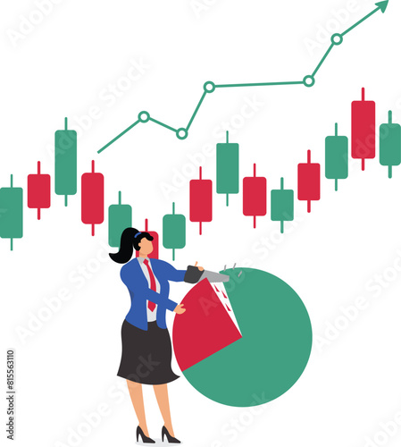 Return on investment, dividends or investment profit, business investors get profits from investment, investment growth growth followed by a lot of income, Businessman cutting out a piece of pie chart