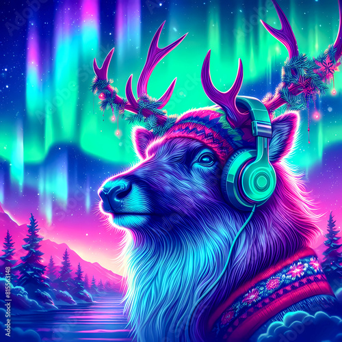 Digital art vibrant colorful reindeer wearing headphones listening to music