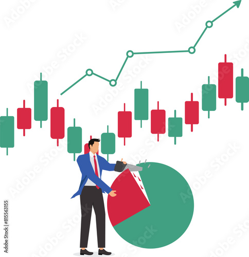 Return on investment, dividends or investment profit, business investors get profits from investment, investment growth growth followed by a lot of income, Businessman cutting out a piece of pie chart